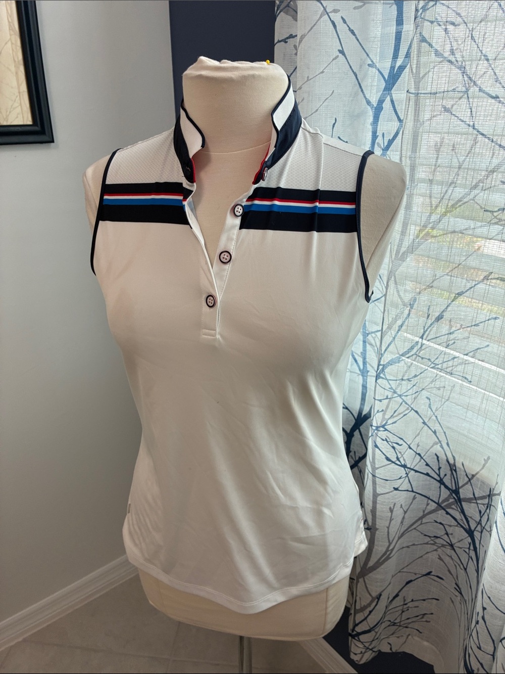 Greg Norman Sleeveless White Golf Polo Tank with Navy & Stripe Trim